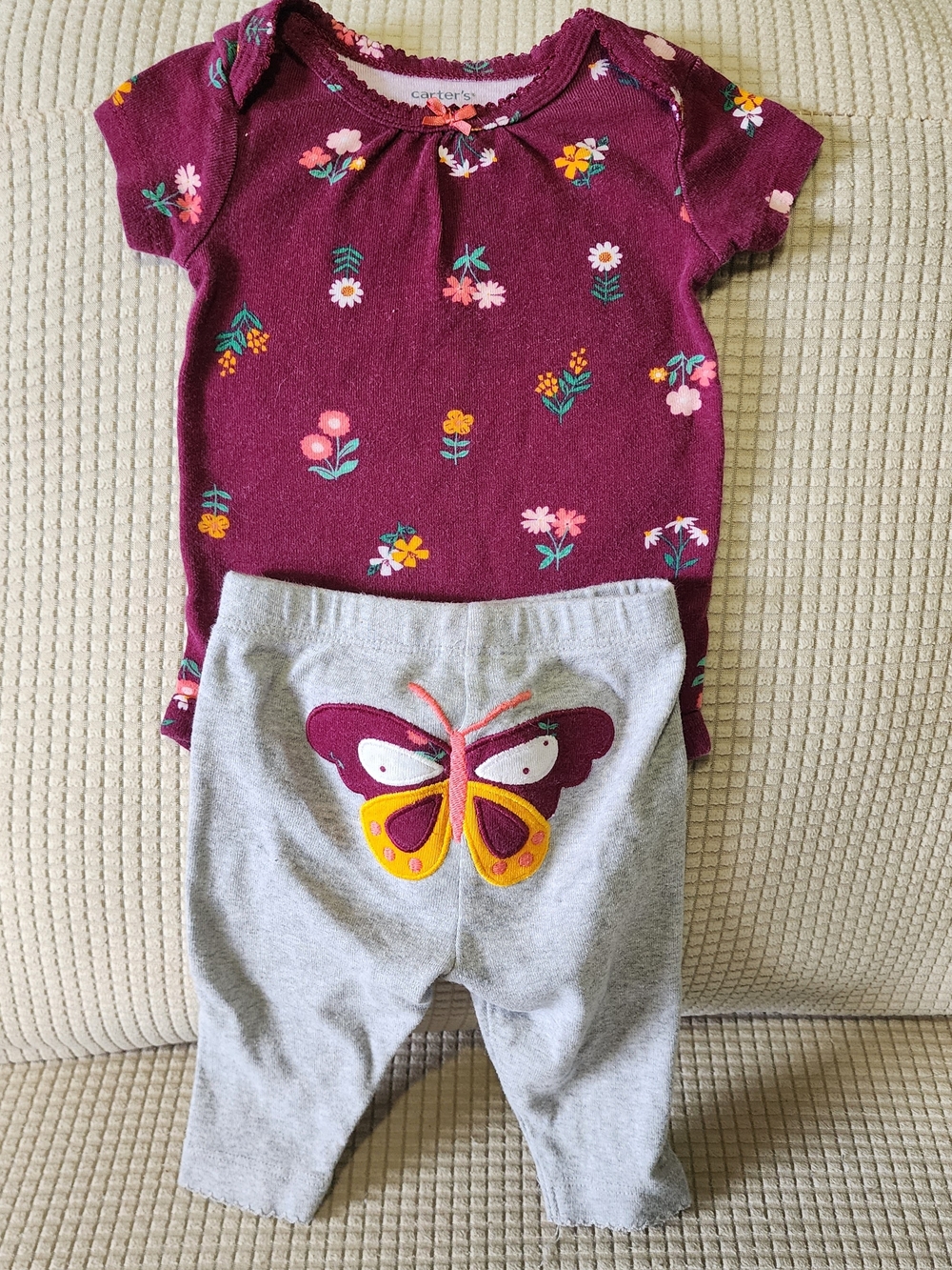 Carter's 3M Plum Floral Bodysuit with Gray Butterfly Leggings.